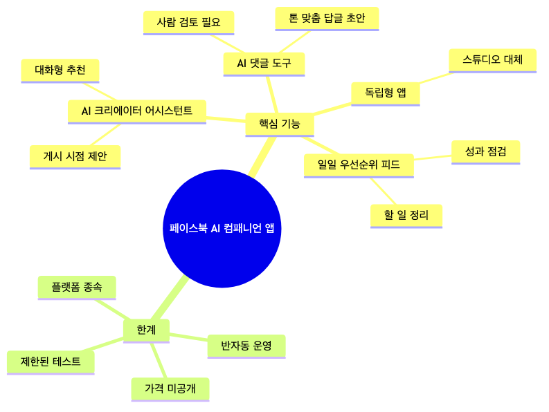 페이스북 AI 컴패니언 앱의 핵심 기능과 주요 한계를 한눈에 정리한 개념도