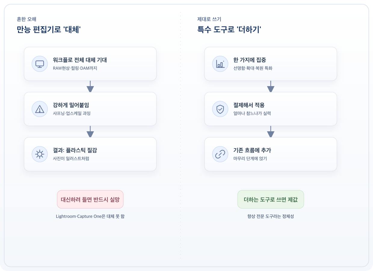 Topaz를 &lsquo;대체&rsquo;로 쓸 때와 &lsquo;더하기&rsquo;로 쓸 때의 차이